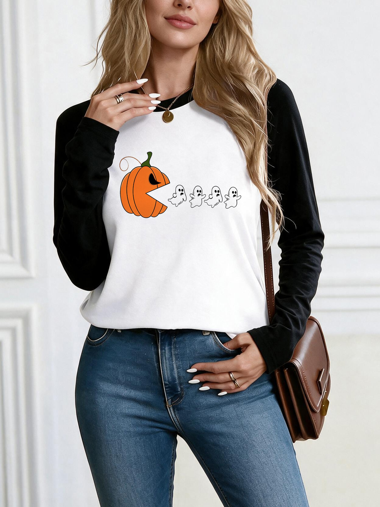 Mens Fashion Clothes - Women's Raglan Long Sleeve Halloween Graphic