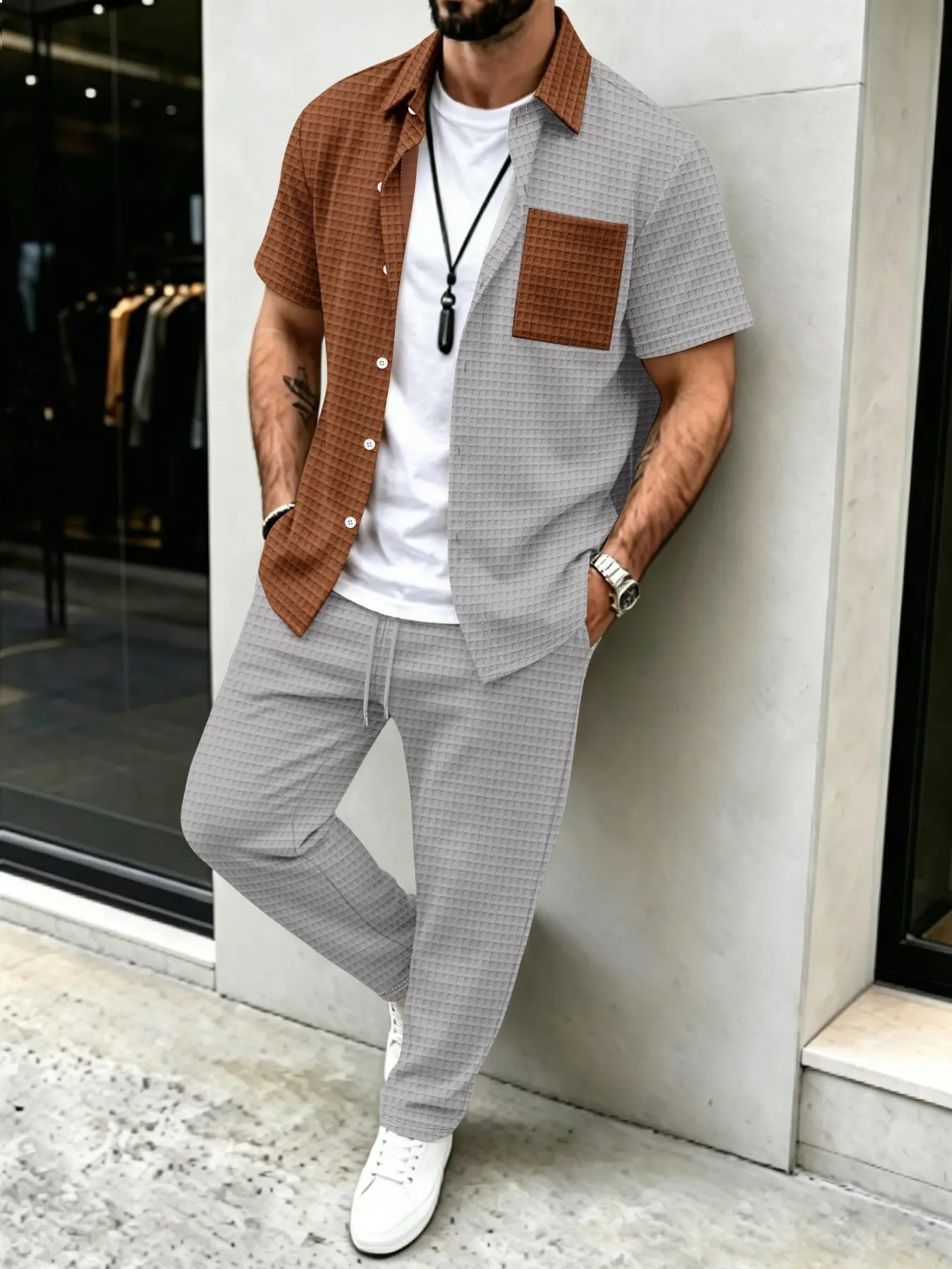 Men's Solid Waffle Pattern Cas - Mens Fashion Clothes ulasan dan harga