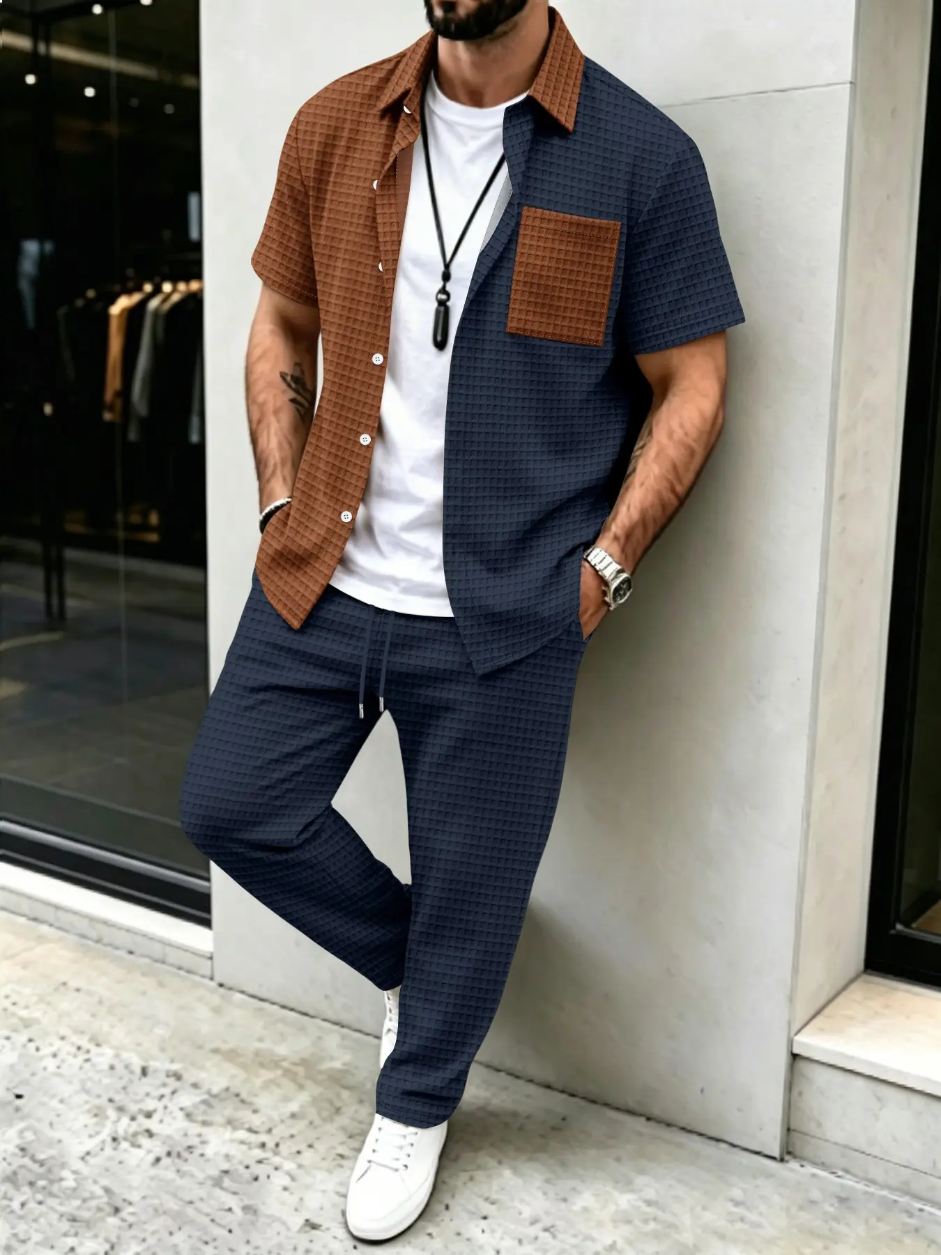 Men's Solid Waffle Pattern Cas - Mens Fashion Clothes ulasan dan harga