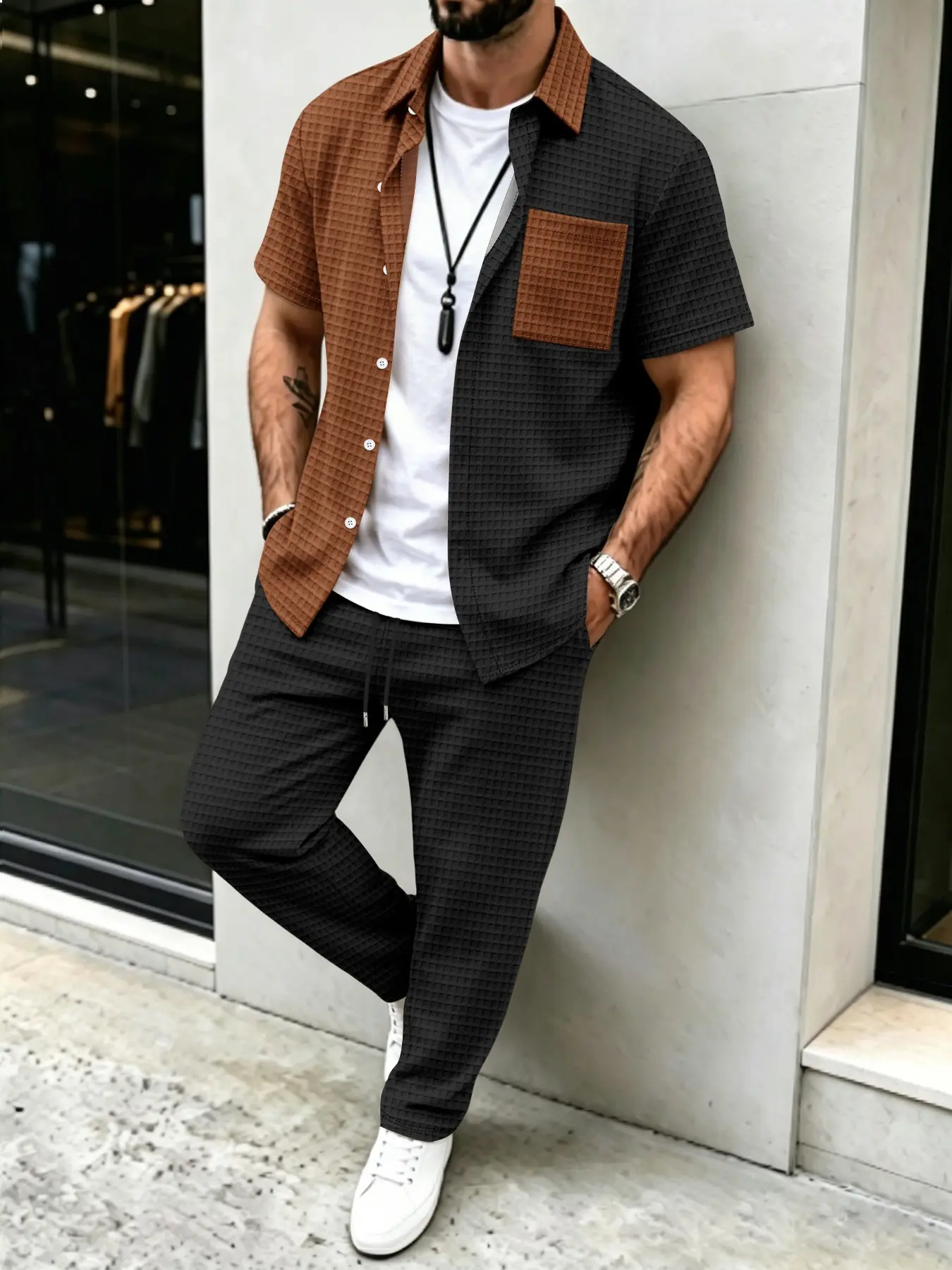Men's Solid Waffle Pattern Cas - Mens Fashion Clothes ulasan dan harga