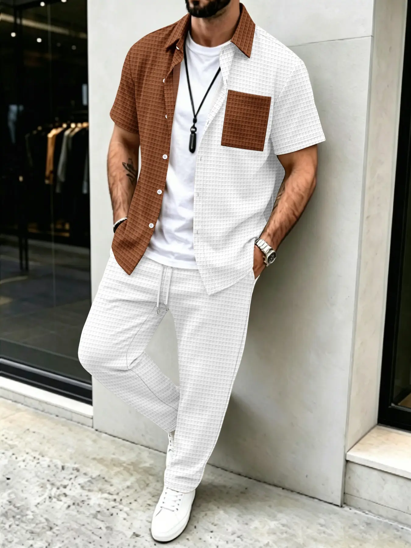 Men's Solid Waffle Pattern Cas - Mens Fashion Clothes ulasan dan harga
