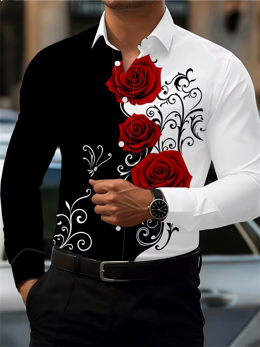 Men's Red Rose Print Long-Slee - Mens Fashion Clothes ulasan dan harga