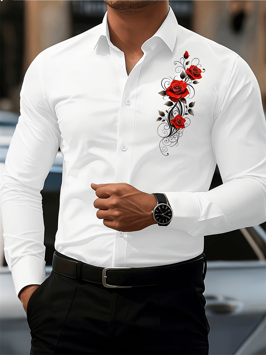 Men's Red Rose Print Long-Slee - Mens Fashion Clothes ulasan dan harga